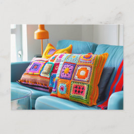 Crocheted Granny Square Pillows Lying on a Sofa ポストカード