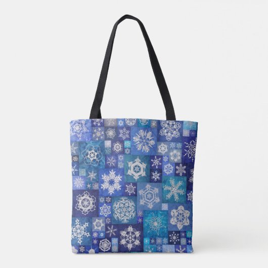 Crocheted Snowflakes Blue Digital Patchwork トートバッグ (裏面)