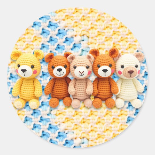 Crocheted Stuffed Animals Blue and Yellow ラウンドシール (正面)