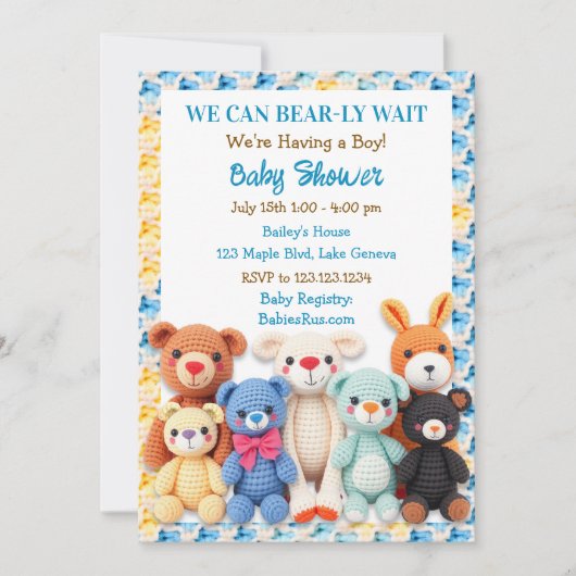 Crocheted Stuffed Animals Boy's Baby Shower 招待状 (正面)