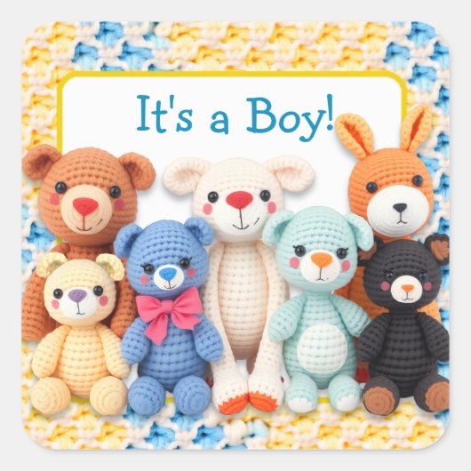 Crocheted Stuffed Animals | It's a Boy スクエアシール (正面)