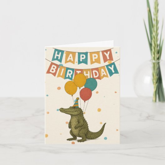 Crocodile Birthday Card – Fun Party Animal カード (正面)