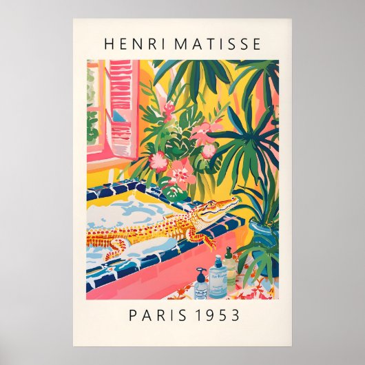 Crocodile in Bathtub Print Funny Pink Bathroom ポスター (正面)