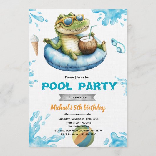 Crocodile Pool Party Birthday Invitation 招待状 (正面)