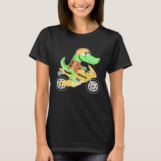 Crocodile with motorcycle biker motorcycle dirt bi tシャツ (正面)