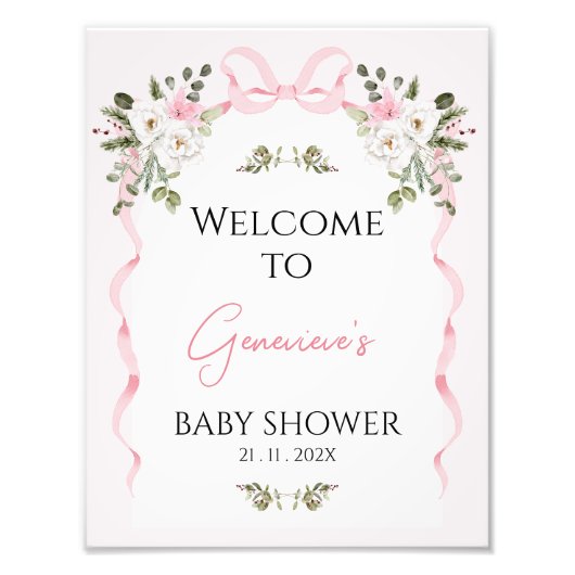Croquette Pink Bow Arch Baby Shower Welcome Sign フォトプリント (正面)