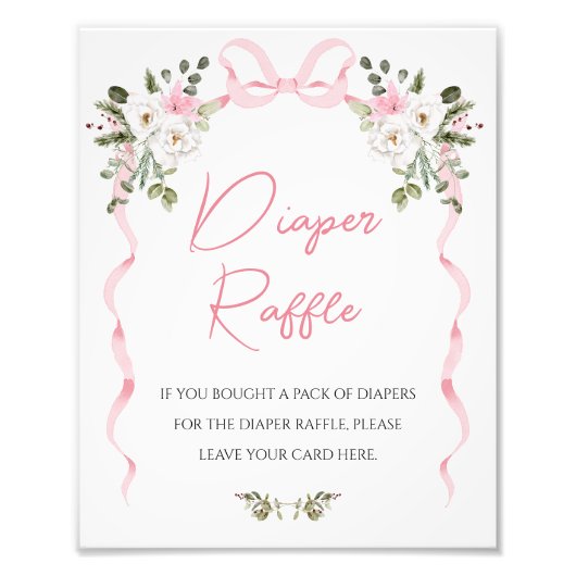 Croquette Pink Bow Floral Baby Shower Diaper Sign フォトプリント (正面)