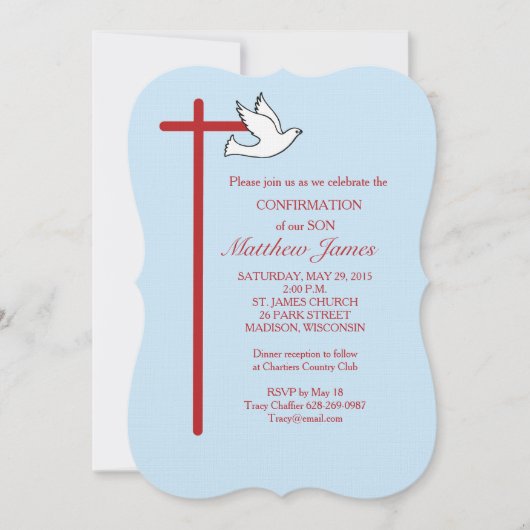 Cross and Dove Blueを使用した息子の確認 招待状 (正面)