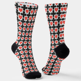 Cross Shaped Checkered Pattern with Red Hearts ソックス
