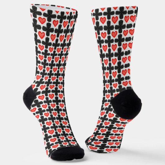 Cross Shaped Checkered Pattern with Red Hearts ソックス (傾斜あり)