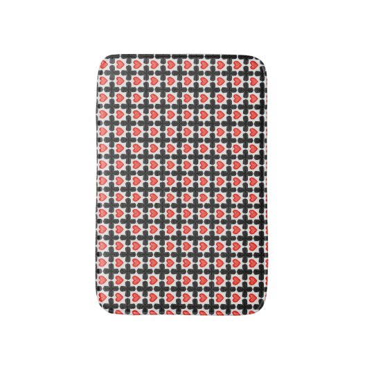 Cross Shaped Checkered Pattern with Red Hearts バスマット (正面縦)