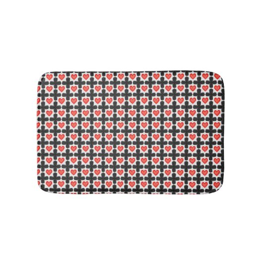 Cross Shaped Checkered Pattern with Red Hearts バスマット (正面)