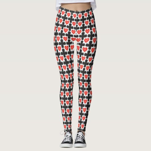 Cross Shaped Checkered Pattern with Red Hearts レギンス (正面)