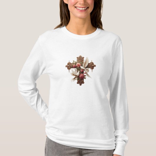 Cross with Doves – Christian Faith Inspirational D Tシャツ (正面)
