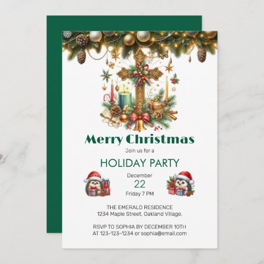 Cross with Stars and Candles Christmas 招待状 (正面/裏面)