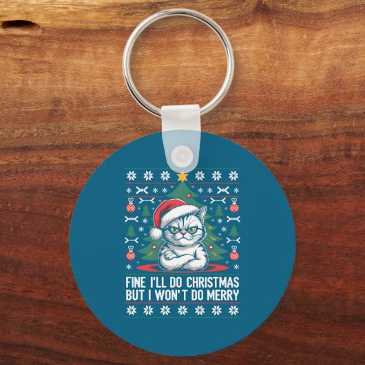 Crossed Arms Cat Funny Christmas Ugly Sweater Long キーホルダー (正面)