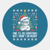 Crossed Arms Cat Funny Christmas Ugly Sweater Long ラウンドシール (正面)