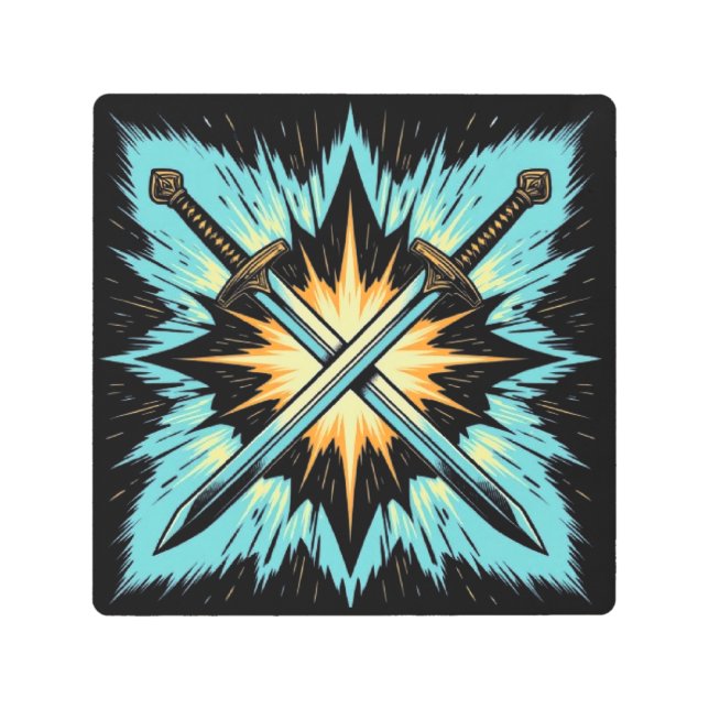 Crossed Fantasy Arrows with Glowing Energy – Dynam メタルプリント (正面)