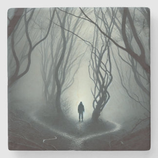 Crossroads in the Fog - Gloomy Forest Art Print ストーンコースター