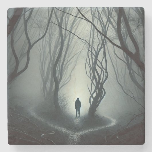 Crossroads in the Fog - Gloomy Forest Art Print ストーンコースター (正面)