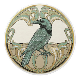 Crow Bird Sage Green & Gold Art Deco Nouveau セラミックノブ