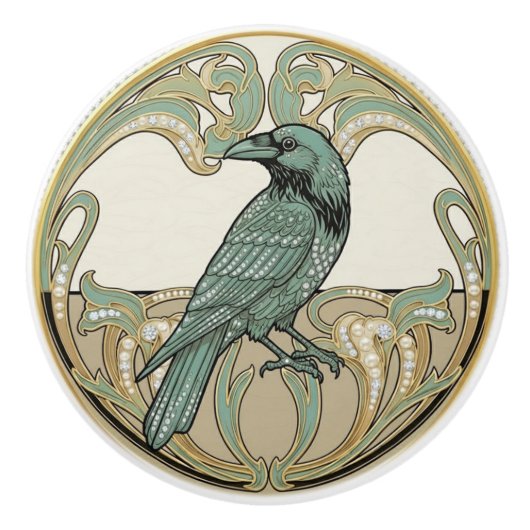 Crow Bird Sage Green & Gold Art Deco Nouveau セラミックノブ (正面)