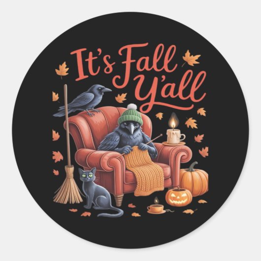 Crow It’s Fall Y’all Pumpkins Fall Autumn Hallowee ラウンドシール (正面)