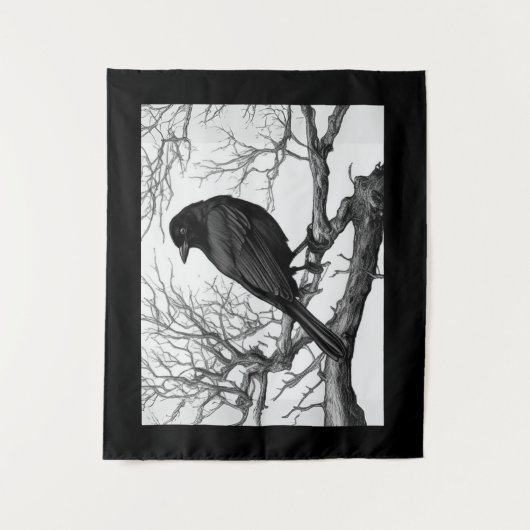 Crow Perched on Bare Winter Branches タペストリー (正面)