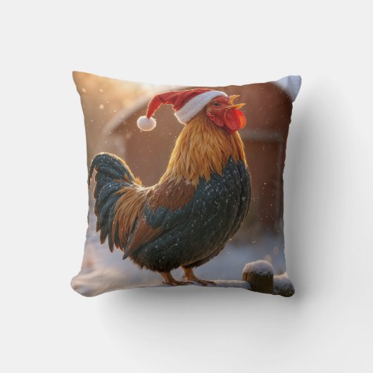 Crowing Christmas Rooster Wearing a Santa Hat クッション (正面)