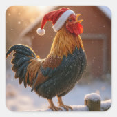 Crowing Christmas Rooster Wearing a Santa Hat スクエアシール (正面)