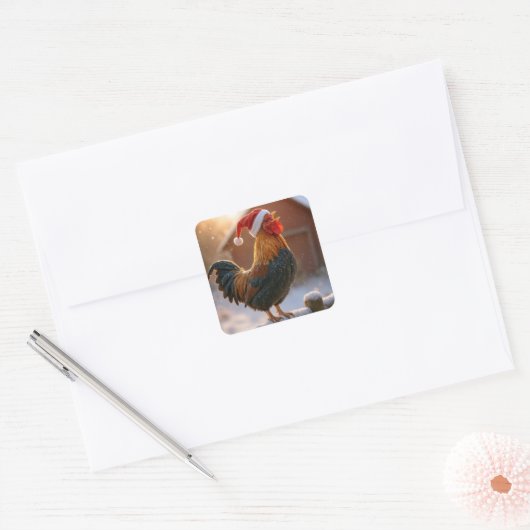 Crowing Christmas Rooster Wearing a Santa Hat スクエアシール (封筒)