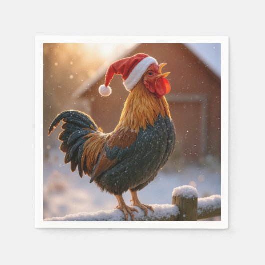 Crowing Christmas Rooster Wearing a Santa Hat スタンダードカクテルナプキン (正面)