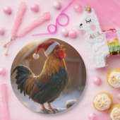 Crowing Christmas Rooster Wearing a Santa Hat ペーパープレート (パーティー)