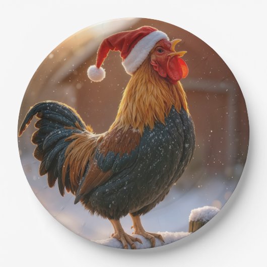 Crowing Christmas Rooster Wearing a Santa Hat ペーパープレート (正面)