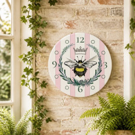 Crown Bee | ピンクと白のストライプ壁掛け時計 ラージ壁時計