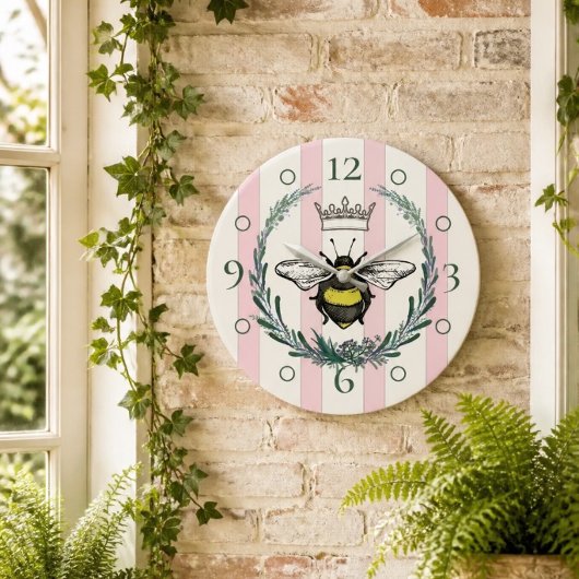 Crown Bee | ピンクと白のストライプ壁掛け時計 ラージ壁時計
