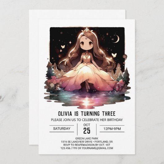 Crown Minimalist Princess Birthday 招待状 (正面/裏面)