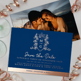 Crown photo wedding日付の青いバラ金ゴールド 箔招待状