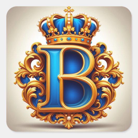 🔵 Crowned Blue Letter B Monogram Name Label ✨ スクエアシール (正面)