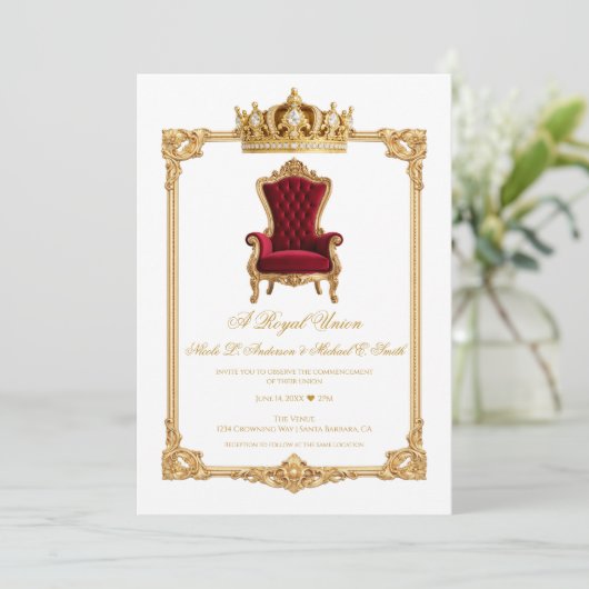 Crowned in Gold Royal Chair & Crown Wedding 招待状 (スタンド正面)