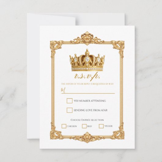 Crowned in Gold Royal Crown Elegant Wedding RSVP 招待状 (正面)