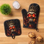 Crowned Skull King Halloween Kitchen Art 鍋つかみ&鍋敷きセット (トップダウン)