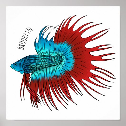 Crowntail betta fish cartoon illustration ポスター (正面)