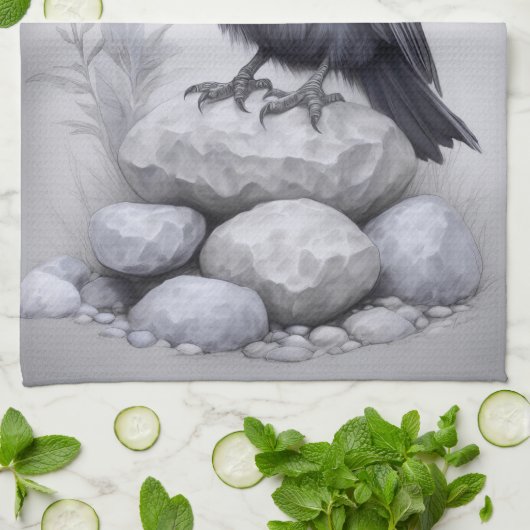 Crows Rock! Krähe Rabe mit Hut auf Steinen キッチンタオル (折り畳み)