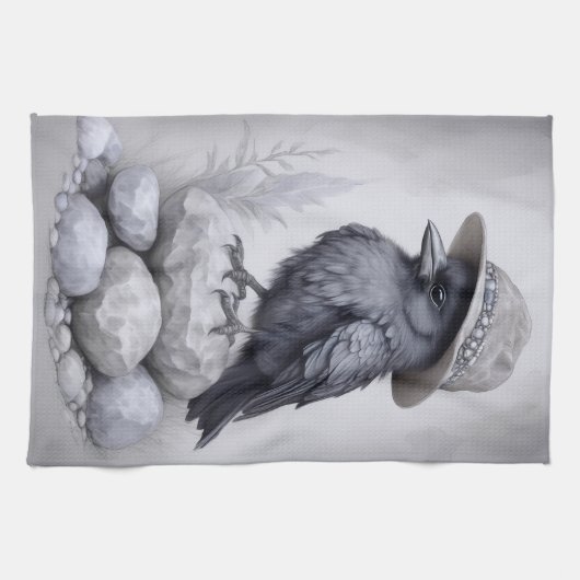Crows Rock! Krähe Rabe mit Hut auf Steinen キッチンタオル (横)