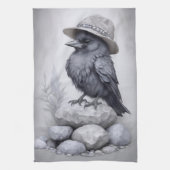 Crows Rock! Krähe Rabe mit Hut auf Steinen キッチンタオル (縦)