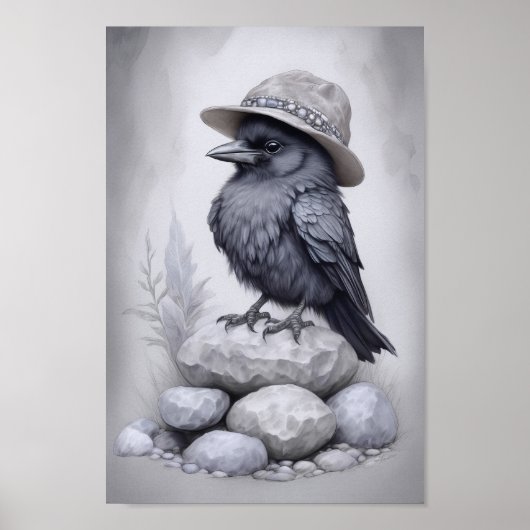 Crows Rock! Poster von Krähe mit Hut auf Steinen ポスター (正面)