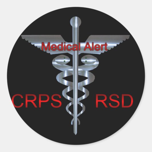 CRPS RSD Medical Alert Silver Asclepius Caduceus ラウンドシール (正面)