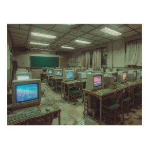 CRTスクリーンのある薄暗いレトロコンピューターラボ ポスター