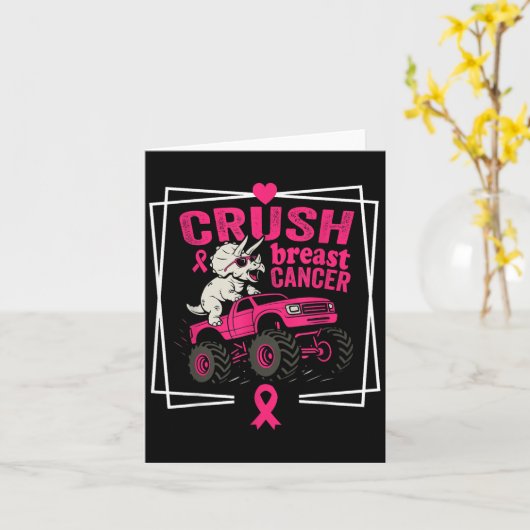 Crush Breast Cancer Dinosaur Driving A Pink Monste カード (黄色い花)